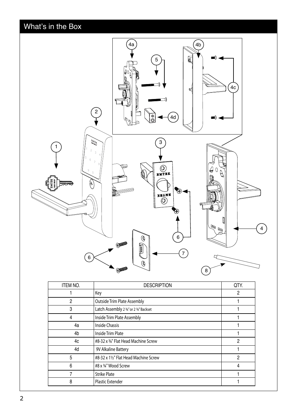 What’s in the box | Emtek EMTouch Keypad Leversets Locksets User Manual | Page 2 / 12