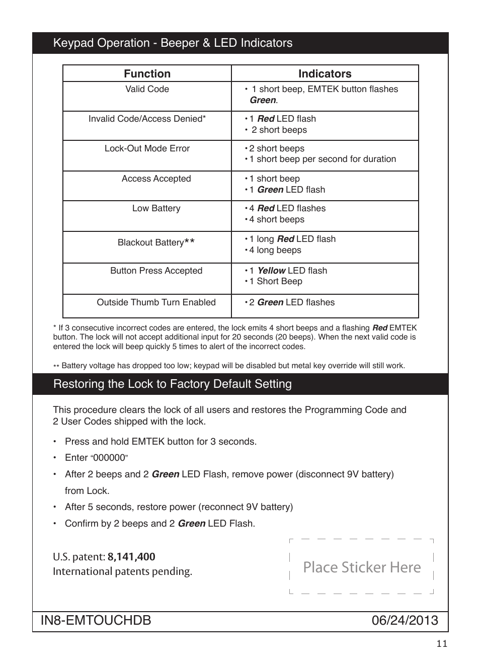 Place sticker here, Restoring the lock to factory default setting, Keypad operation - beeper & led indicators | Emtek EMTouch Classic Style Electronic Keypad Deadbolt Locksets User Manual | Page 11 / 12