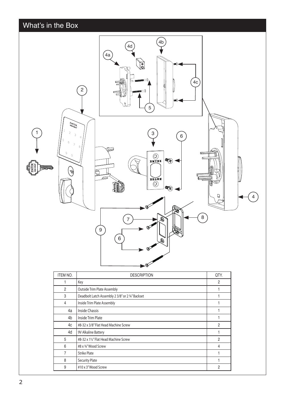 What’s in the box | Emtek EMTouch Classic Style Electronic Keypad Deadbolt Locksets User Manual | Page 2 / 12