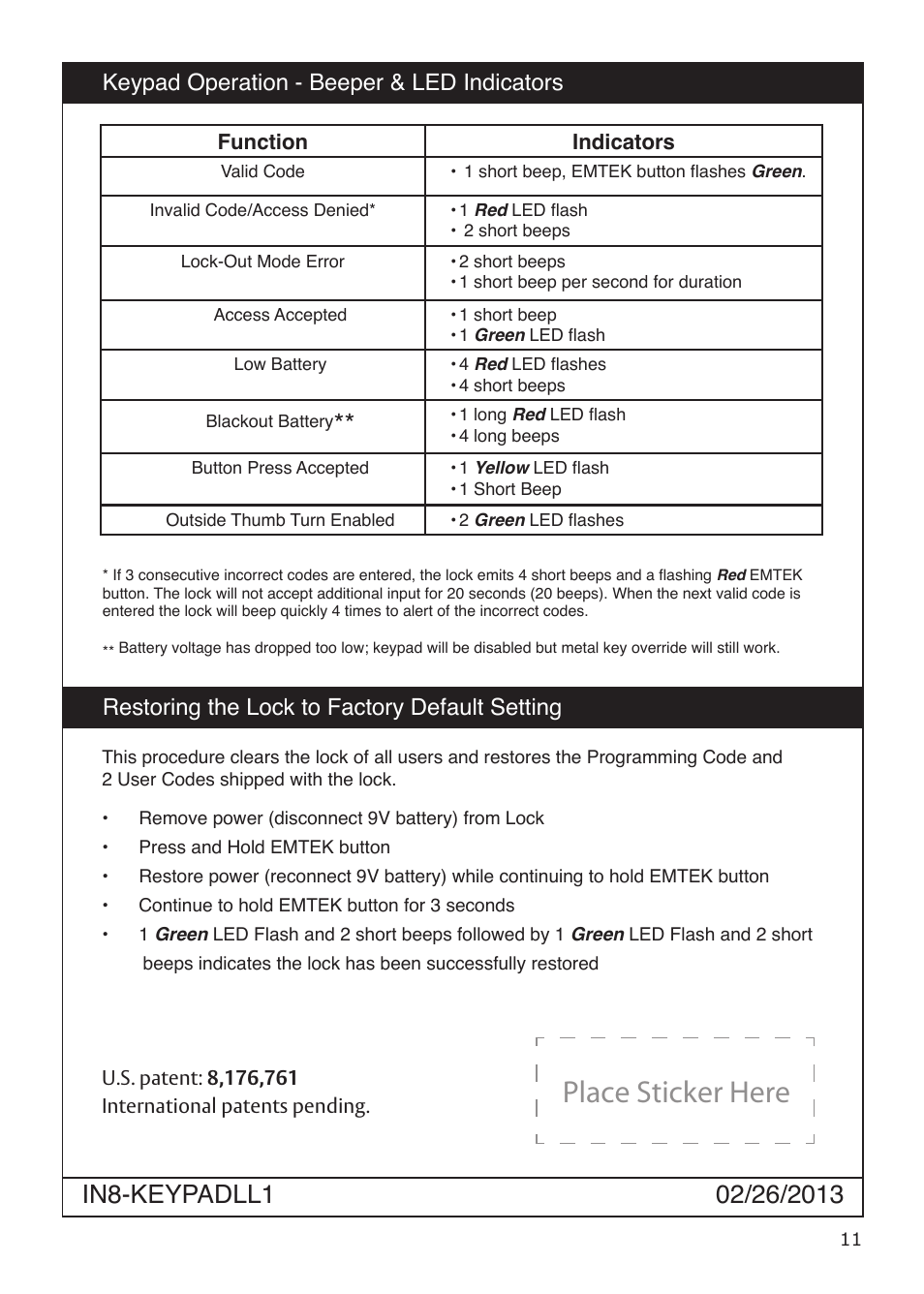 Place sticker here, Restoring the lock to factory default setting, Keypad operation - beeper & led indicators | Emtek Keypad Leverset Locksets (Adjustable Latch) User Manual | Page 11 / 12