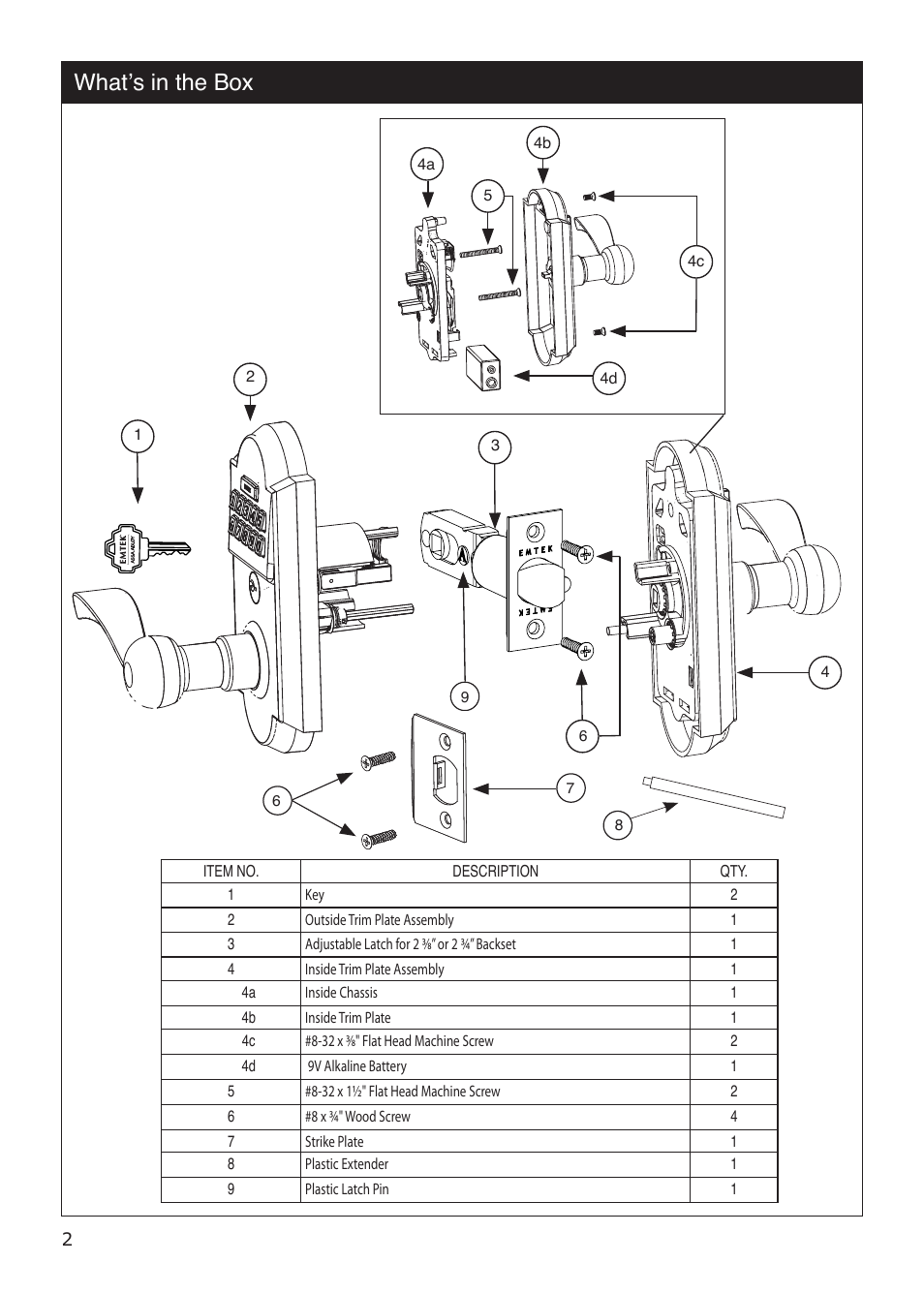 What’s in the box | Emtek Keypad Leverset Locksets (Adjustable Latch) User Manual | Page 2 / 12