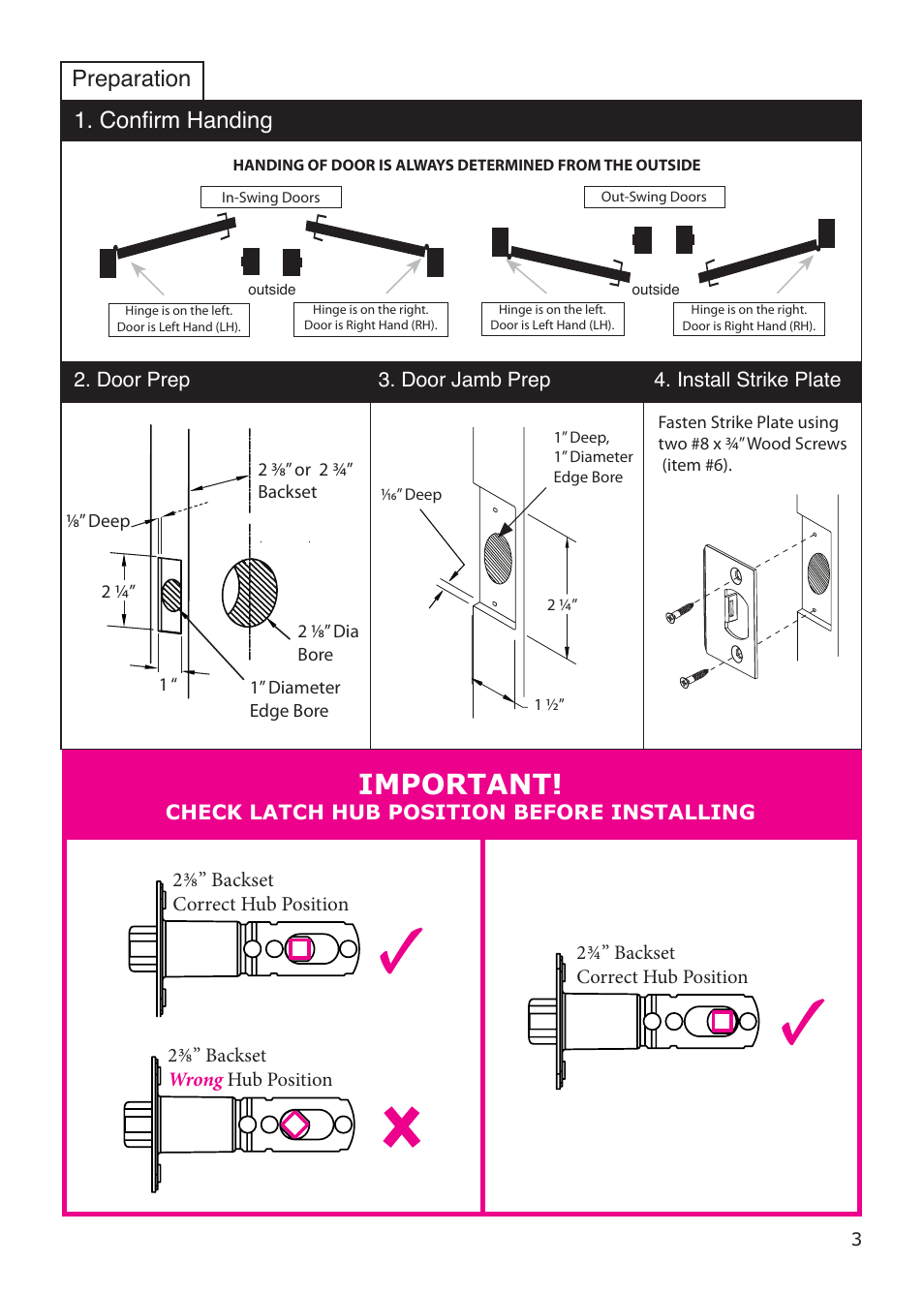 Important, Confirm handing, Preparation | Emtek Keypad Leverset Locksets (Adjustable Latch) User Manual | Page 3 / 12