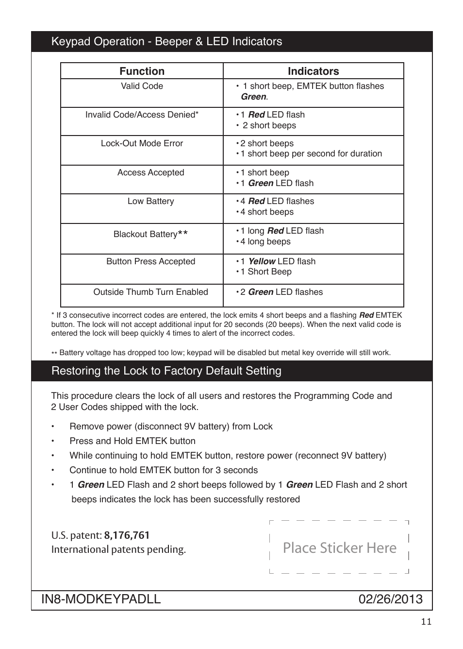 Place sticker here, Restoring the lock to factory default setting, Keypad operation - beeper & led indicators | Emtek Modern Keypad Leverset Locksets (Adjustable Latch) User Manual | Page 11 / 12