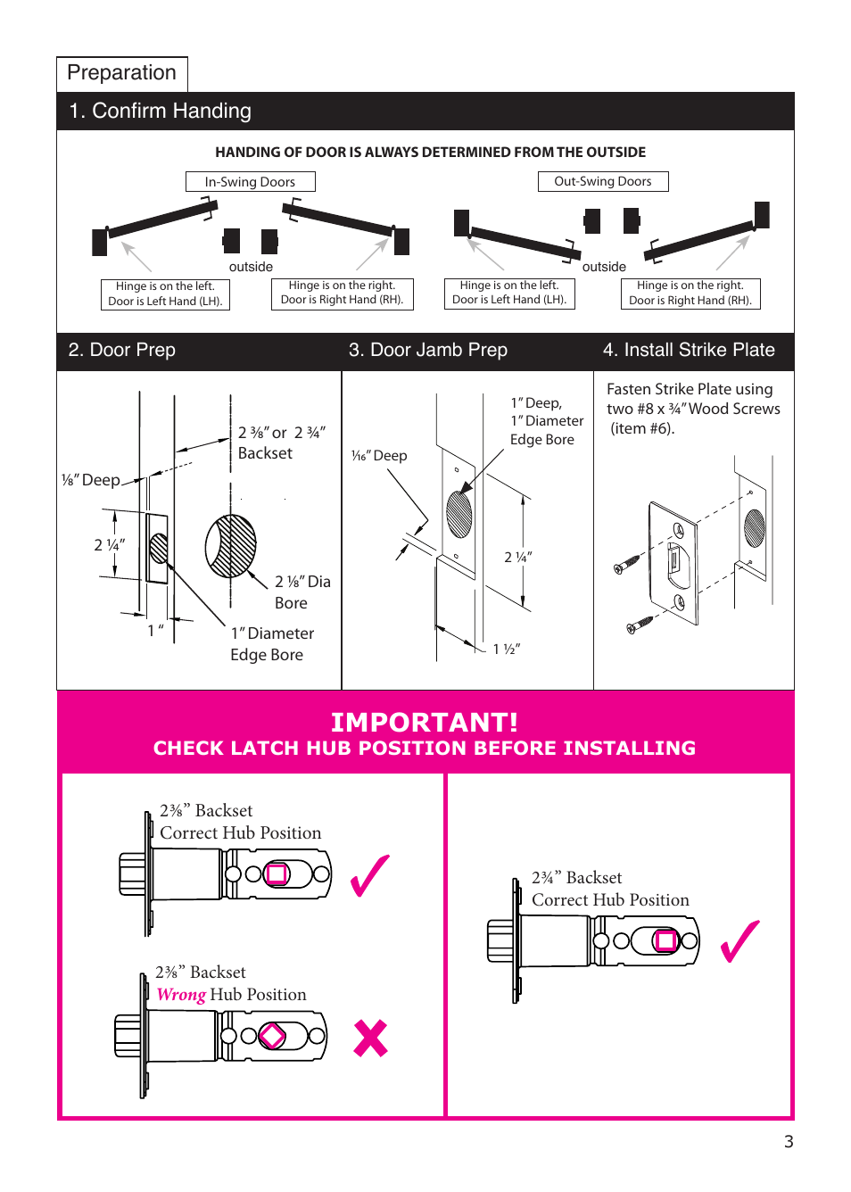 Important, Confirm handing, Preparation | Emtek Modern Keypad Leverset Locksets (Adjustable Latch) User Manual | Page 3 / 12