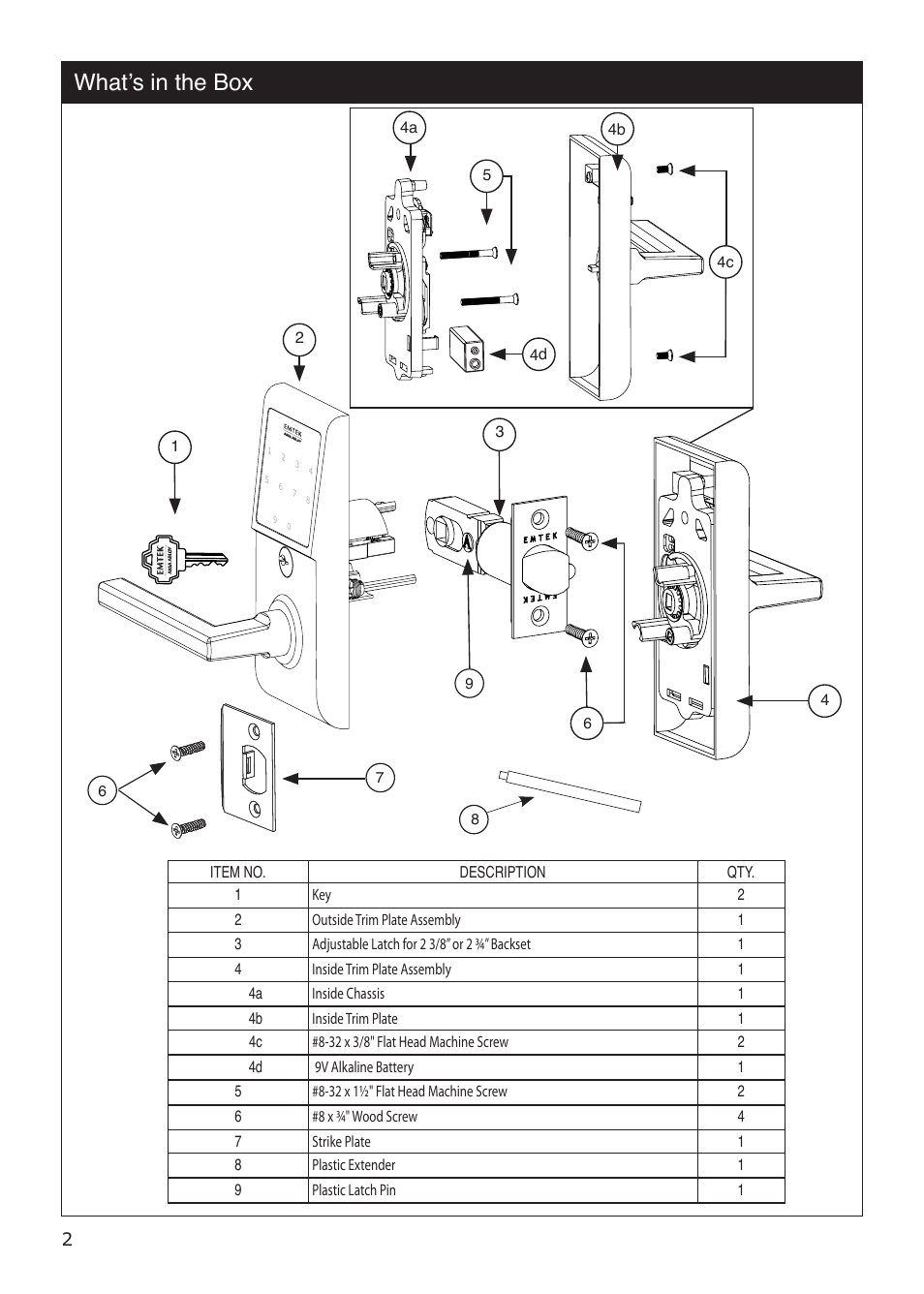 What’s in the box | Emtek EMTouch Classic Style Electronic Keypad Leversets Locksets (Adjustable Latch) User Manual | Page 2 / 12