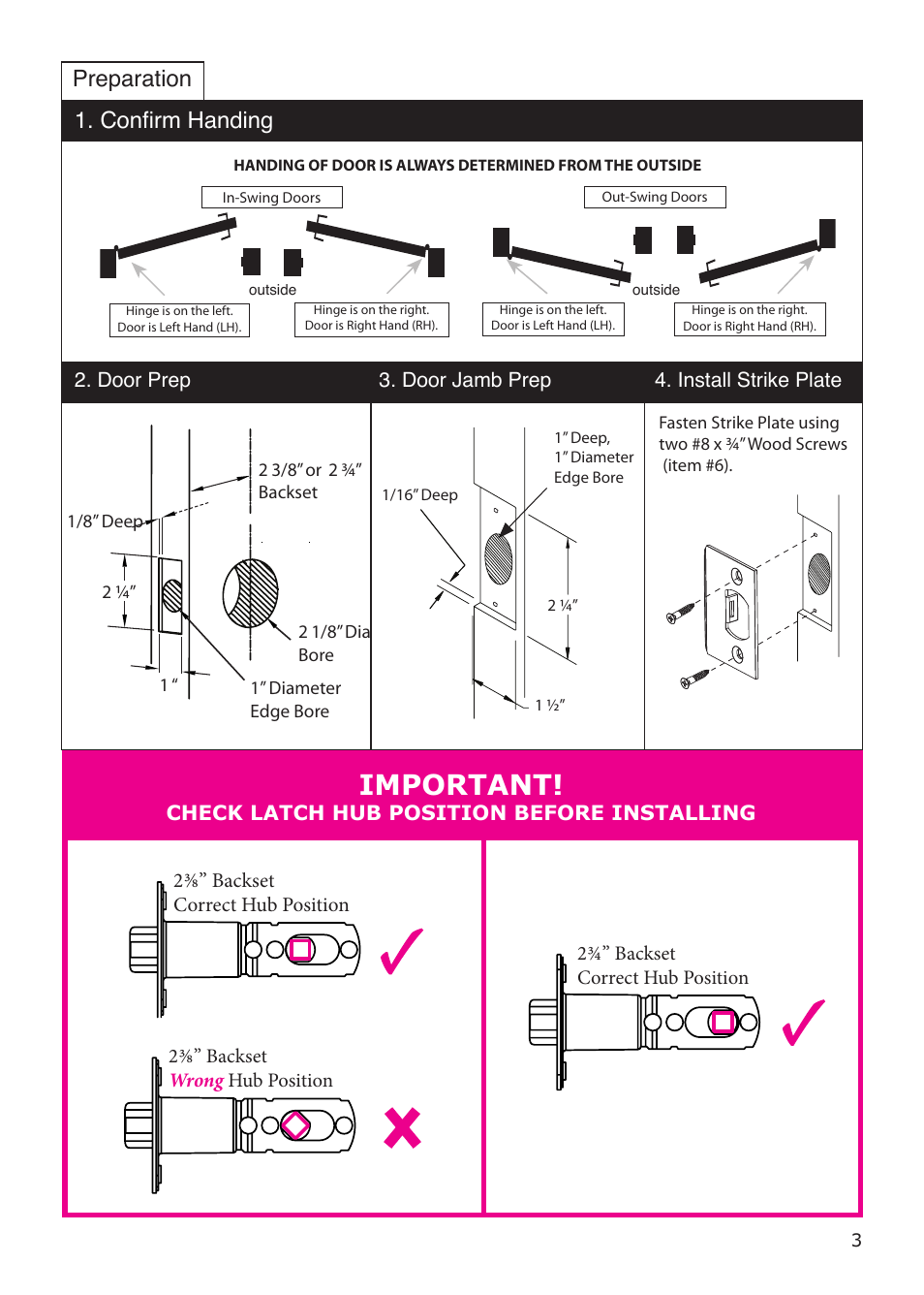 Important, Confirm handing, Preparation | Emtek EMTouch Classic Style Electronic Keypad Leversets Locksets (Adjustable Latch) User Manual | Page 3 / 12