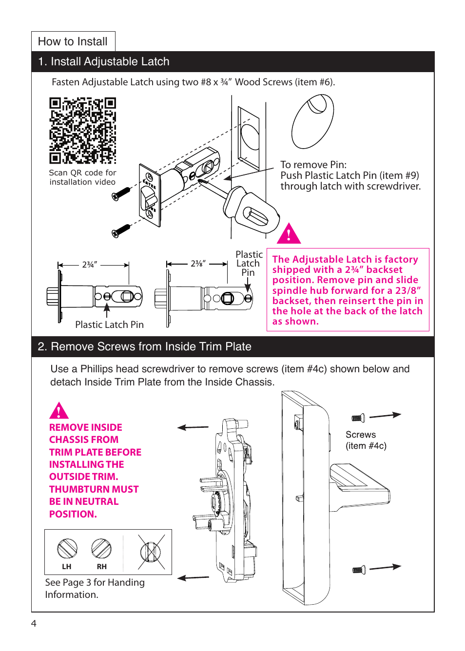 Emtek EMTouch Classic Style Electronic Keypad Leversets Locksets (Adjustable Latch) User Manual | Page 4 / 12