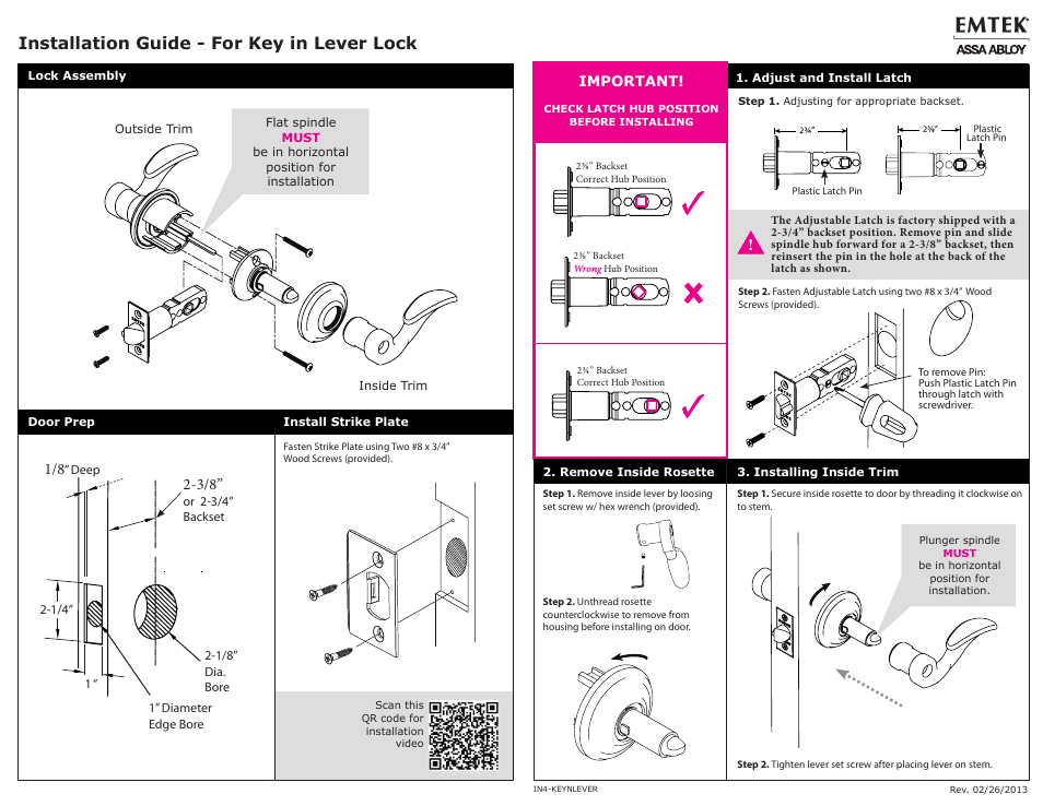 Installation guide - for key in lever lock | Emtek Key In Lever with Round Rosette (Adjustable Latch) User Manual | Page 2 / 2