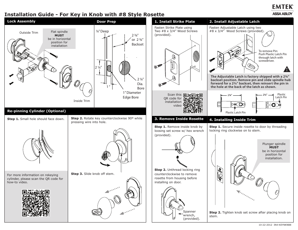 Emtek Key In Knob with #8 & #1 Rosette (Adjustable Latch) User Manual | 1 page
