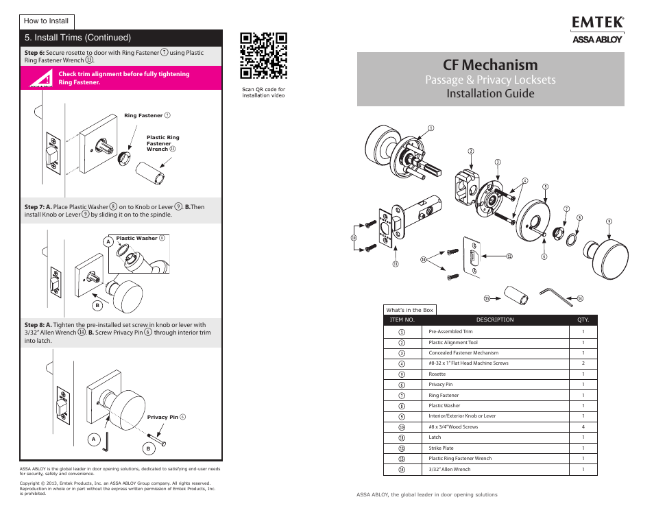 Emtek CF Mechanism Passage & Privacy Locksets User Manual | 2 pages