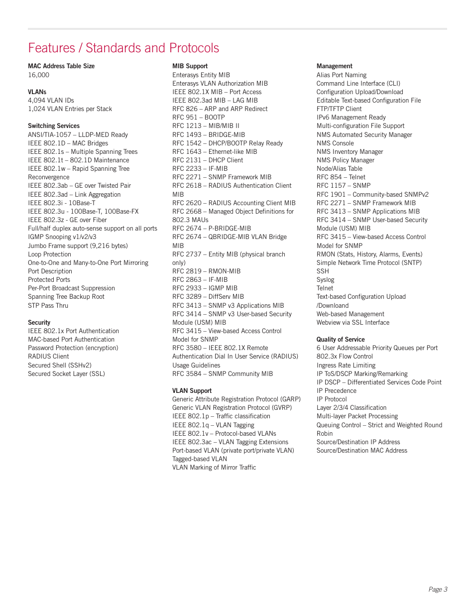 Features / standards and protocols | Enterasys A-Series A4 User Manual | Page 3 / 7