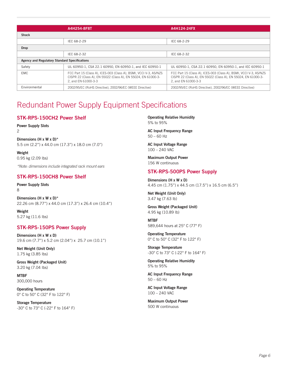 Redundant power supply equipment specifications, Stk-rps-150ch2 power shelf, Stk-rps-150ch8 power shelf | Stk-rps-150ps power supply, Stk-rps-500ps power supply | Enterasys A-Series A4 User Manual | Page 6 / 7