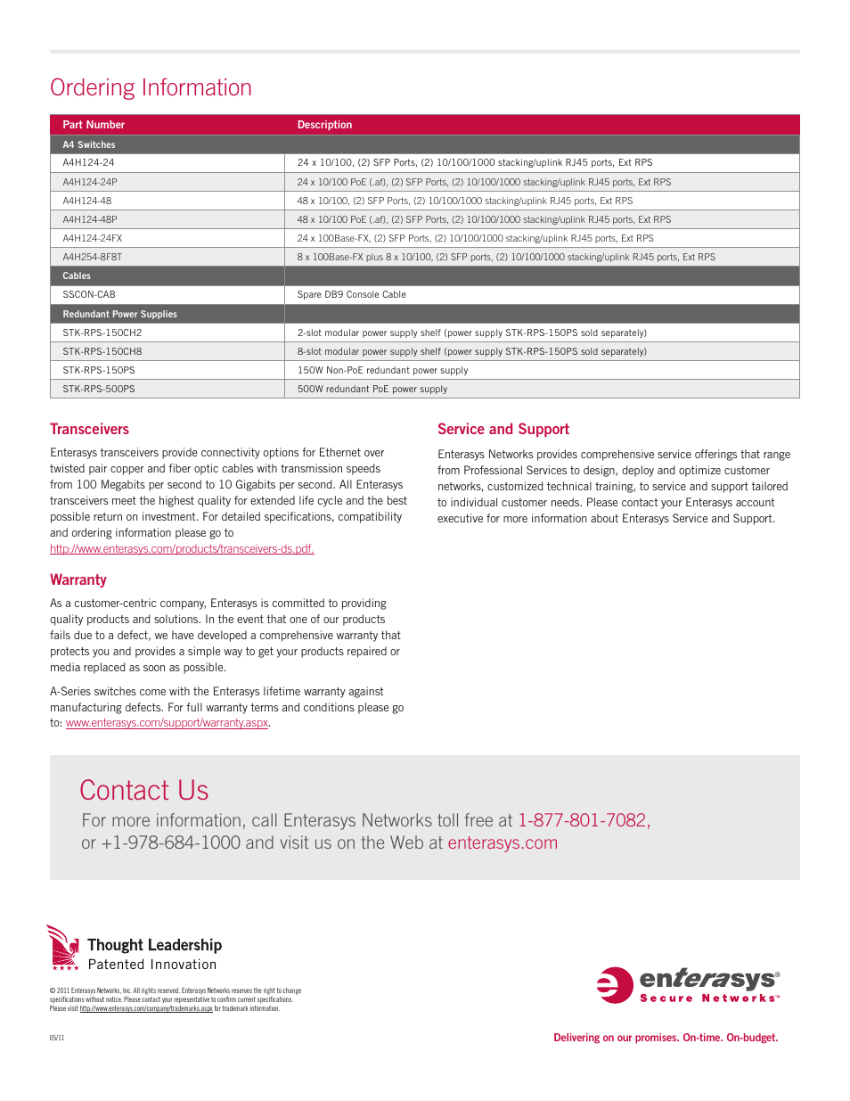 Contact us, Ordering information, Transceivers | Warranty, Service and support | Enterasys A-Series A4 User Manual | Page 7 / 7