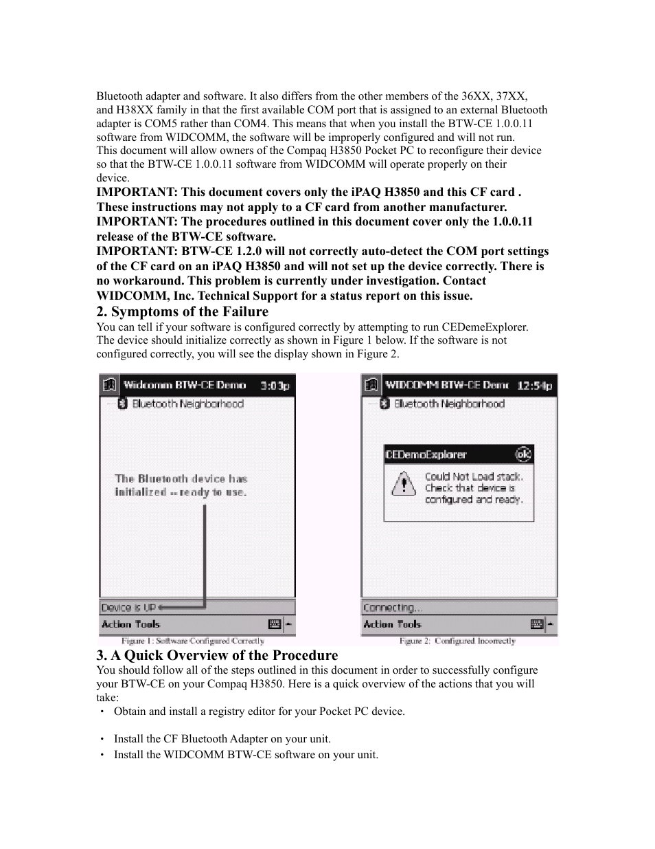 Symptoms of the failure, A quick overview of the procedure | EXP Computer Bluetooth: iPAQ H3850 User Manual | Page 2 / 4