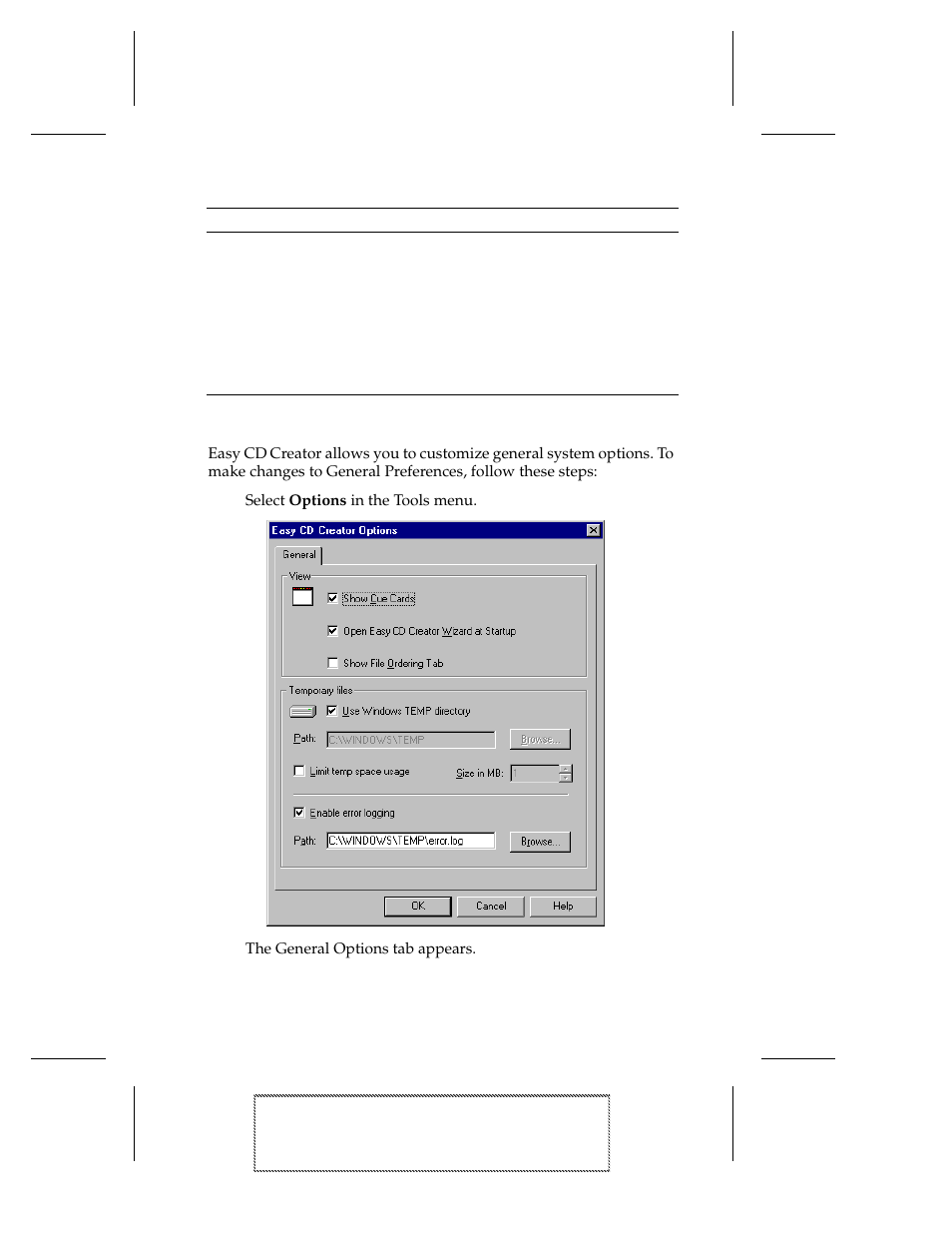 Setting general options, 1 select options in the tools menu, Setting general options b-9 | EXP Computer EXP CD-Rewriter Bundled S_W User Manual | Page 113 / 130