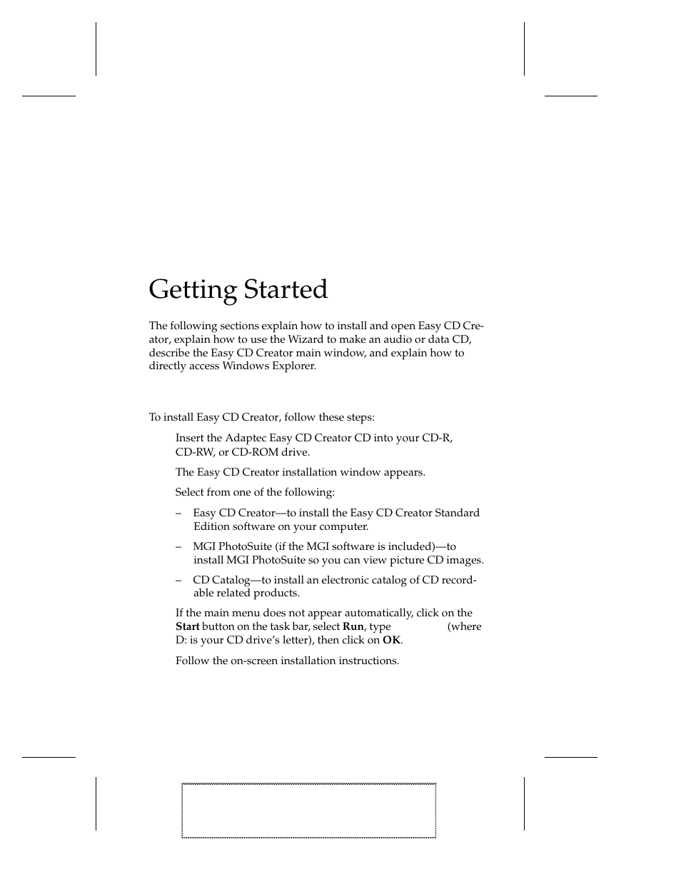Getting started, Installing easy cd creator, 1 insert the adaptec easy cd creator cd into your | 2 select from one of the following, 3 follow the on-screen installation instructions, Installing easy cd creator 2-1 | EXP Computer EXP CD-Rewriter Bundled S_W User Manual | Page 17 / 130