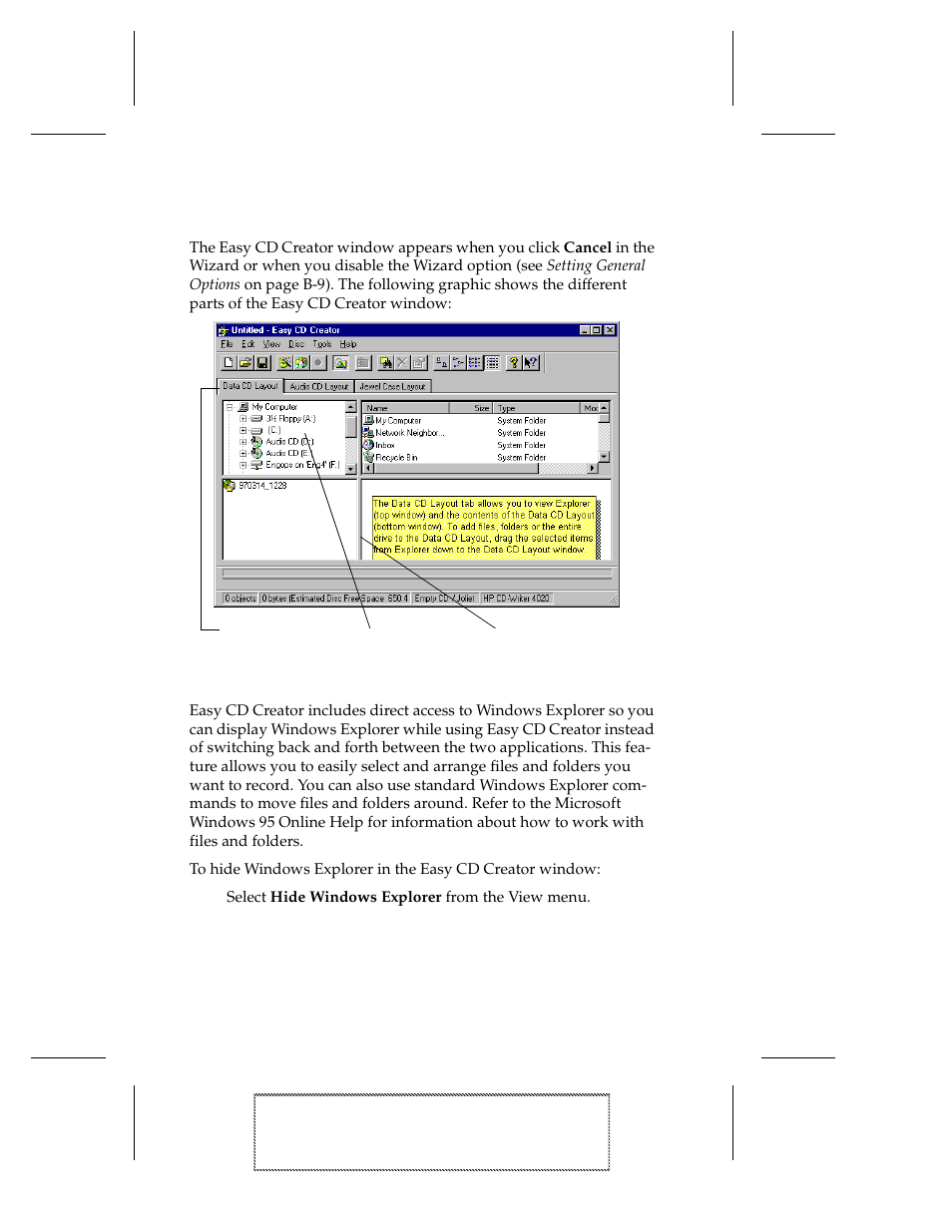 About the easy cd creator window, Direct access to windows explorer, About the easy cd creator window 2-4 | Direct access to windows explorer 2-4 | EXP Computer EXP CD-Rewriter Bundled S_W User Manual | Page 20 / 130