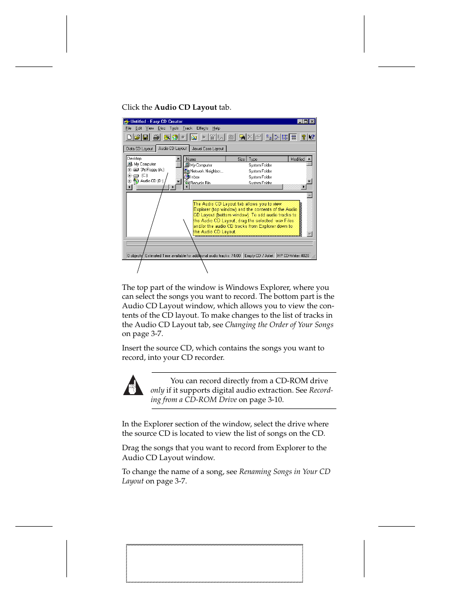2 click the audio cd layout tab, 3 insert the source cd, which contains the songs y, 4 in the explorer section of the window, select th | 5 drag the songs that you want to record from expl | EXP Computer EXP CD-Rewriter Bundled S_W User Manual | Page 25 / 130