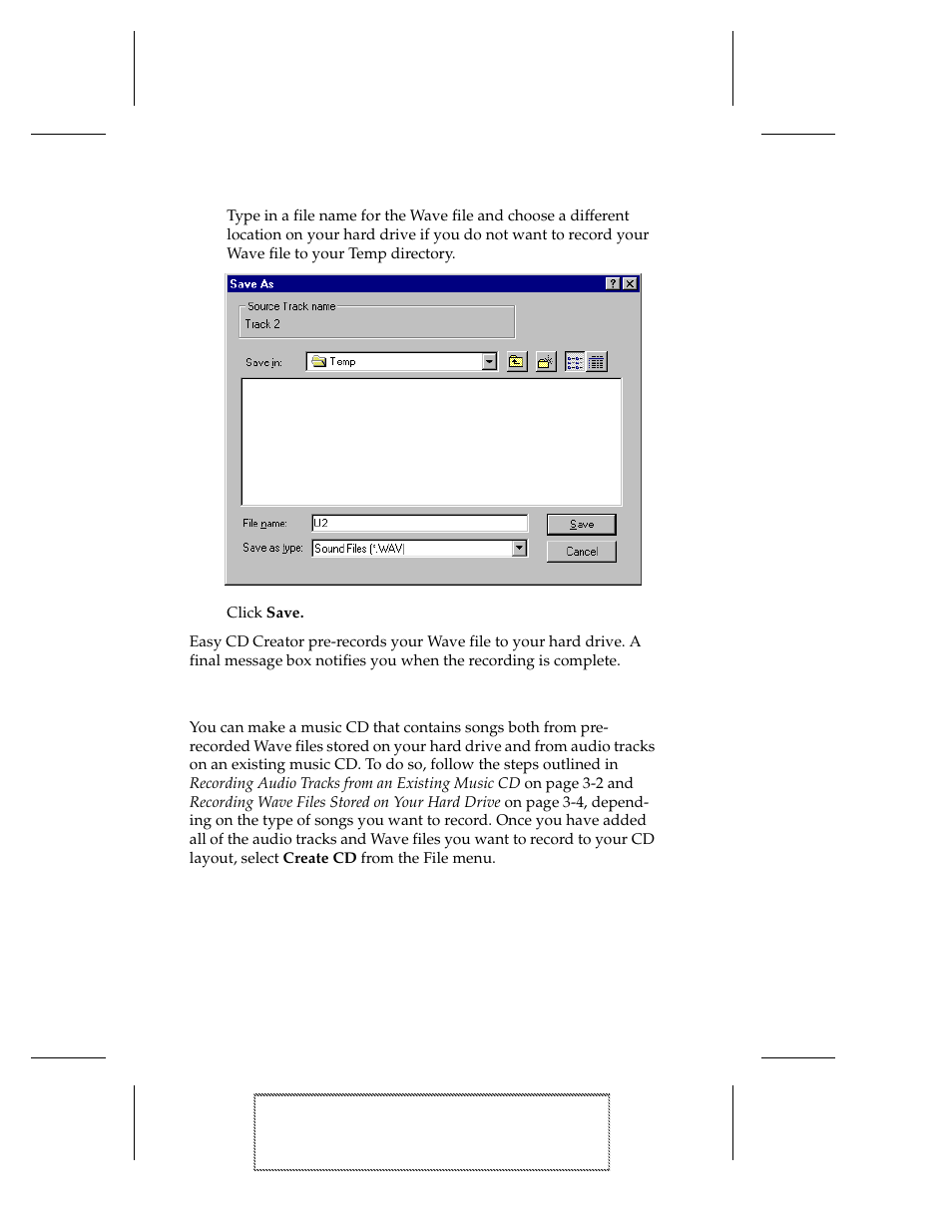 6 type in a file name for the wave file and choose, 7 click save, Combining both audio tracks and wave files | Combining both audio tracks and wave files 3-6 | EXP Computer EXP CD-Rewriter Bundled S_W User Manual | Page 28 / 130
