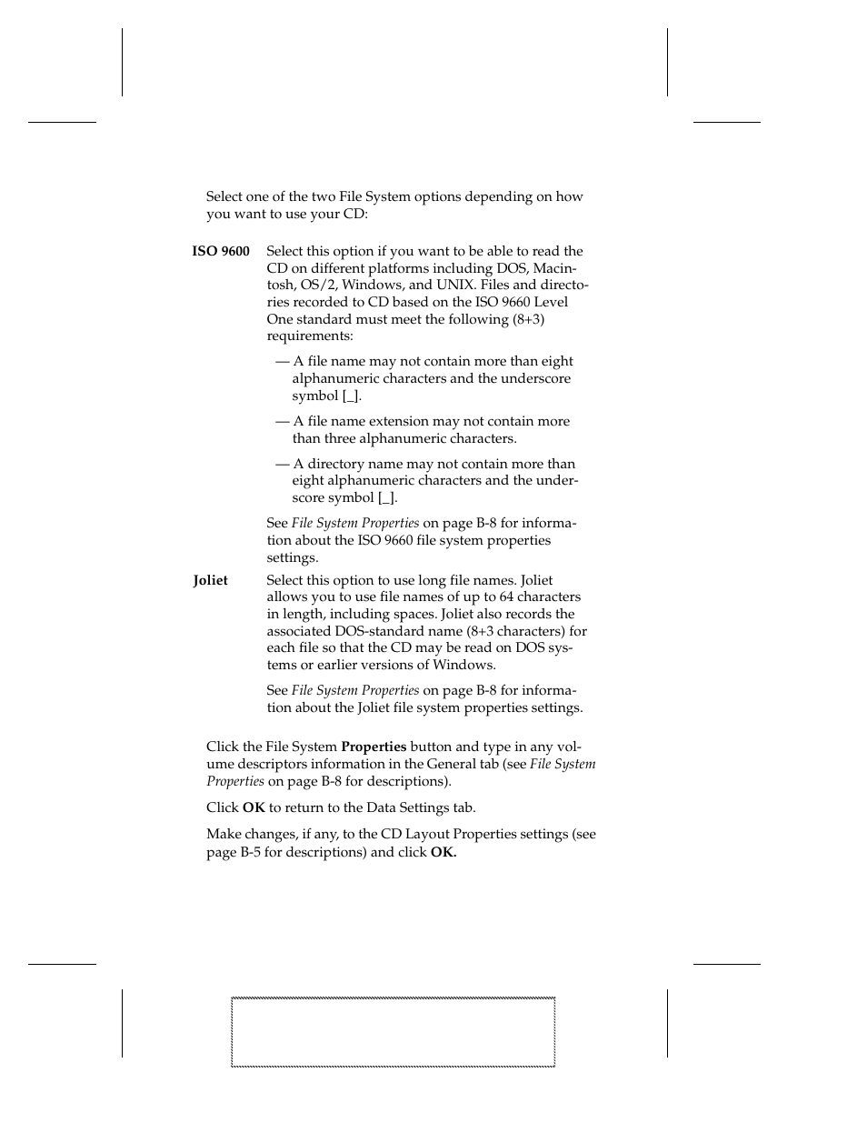 3 select one of the two file system options depend, 4 click the file system properties button and type, 5 click ok to return to the data settings tab | 6 make changes, if any, to the cd layout propertie | EXP Computer EXP CD-Rewriter Bundled S_W User Manual | Page 38 / 130