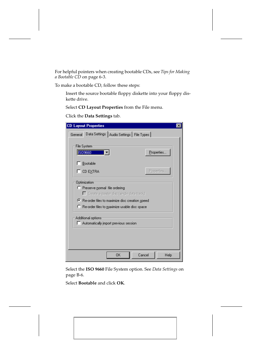 How to make a bootable cd, 1 insert the source bootable floppy diskette into, 2 select cd layout properties from the file menu | 3 click the data settings tab, 4 select the iso 9660 file system option. see data, 5 select bootable and click ok, How to make a bootable cd 6-2 | EXP Computer EXP CD-Rewriter Bundled S_W User Manual | Page 54 / 130