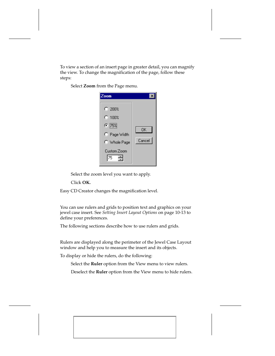 Zooming, 2 select the zoom level you want to apply, 3 click ok | Using rulers and grids, Using rulers | EXP Computer EXP CD-Rewriter Bundled S_W User Manual | Page 75 / 130