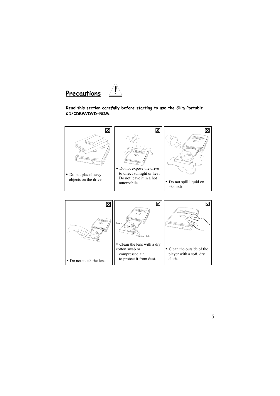 Precautions | EXP Computer Portable Slim CD_DVD_CDRW Drive User Manual | Page 5 / 24