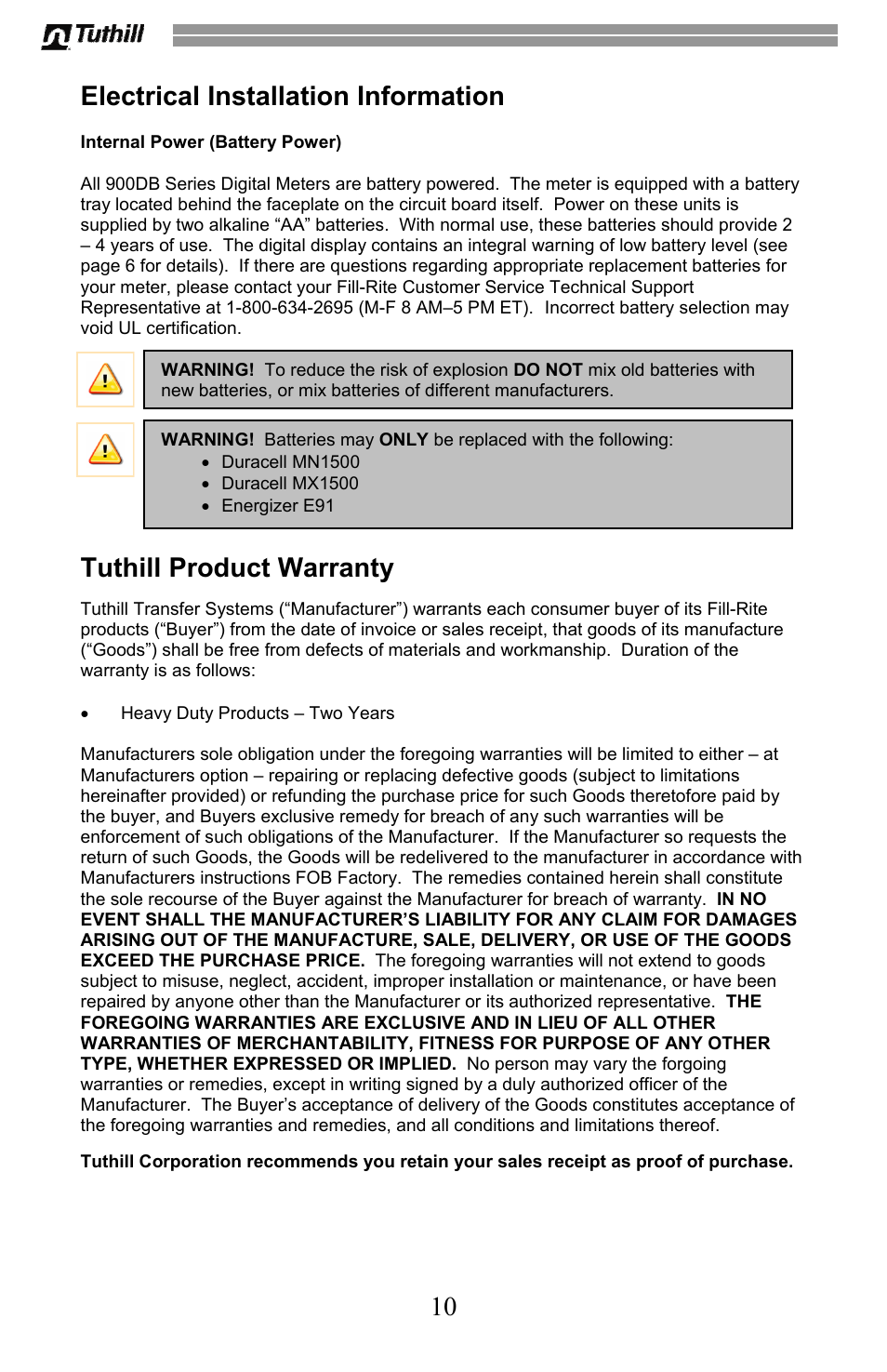 10 electrical installation information, Tuthill product warranty | Fill-Rite 900 Series Digital Liquid Meter User Manual | Page 10 / 48