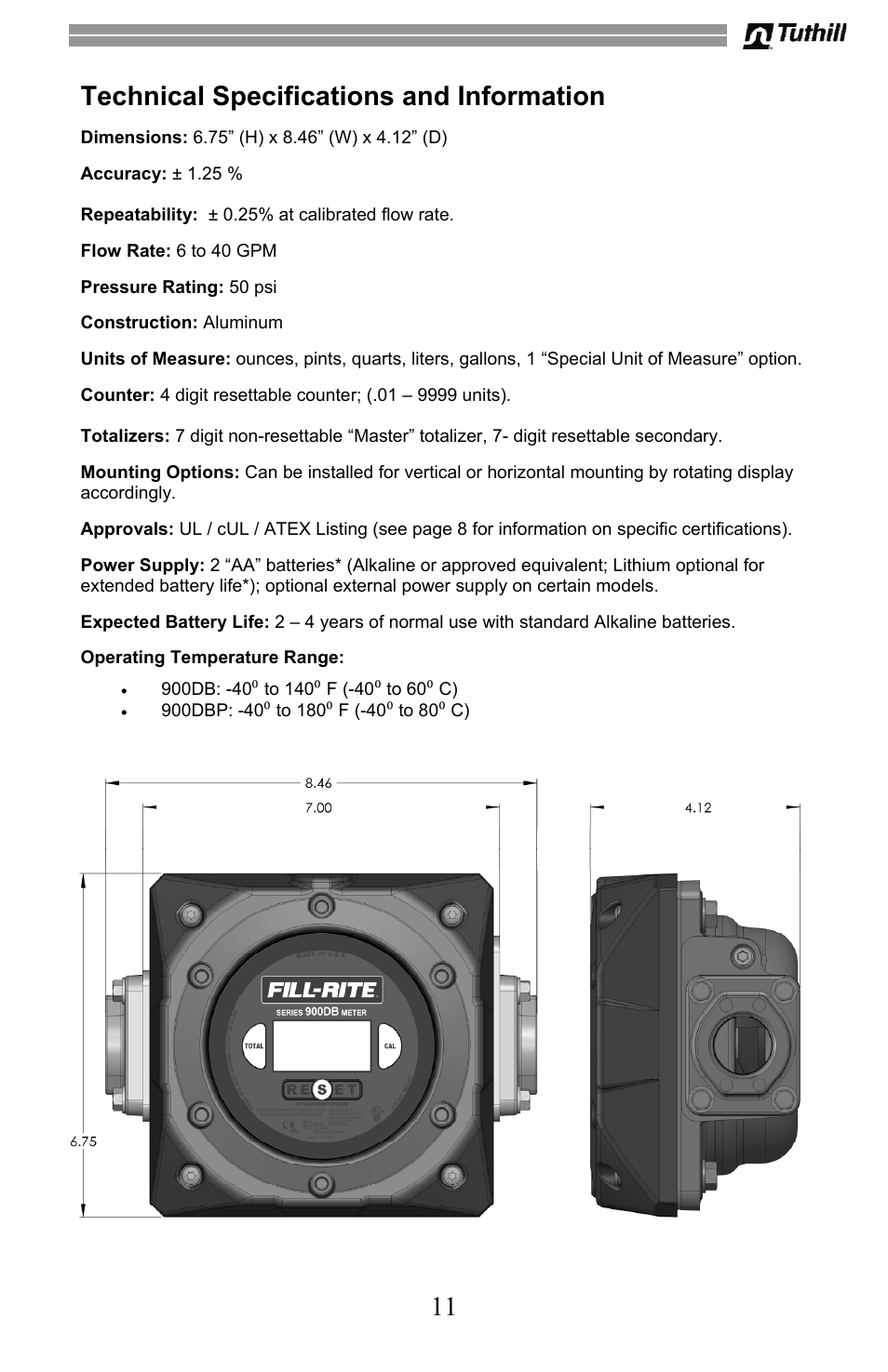 11 technical specifications and information | Fill-Rite 900 Series Digital Liquid Meter User Manual | Page 11 / 48