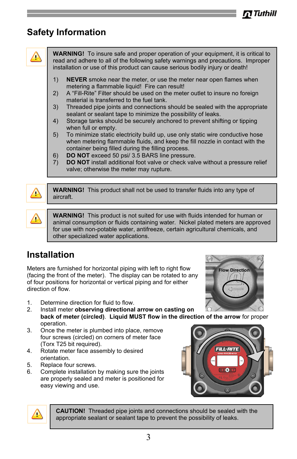 3safety information, Installation | Fill-Rite 900 Series Digital Liquid Meter User Manual | Page 3 / 48