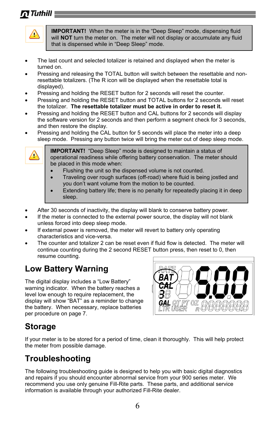 Low battery warning, Storage, Troubleshooting | Fill-Rite 900 Series Digital Liquid Meter User Manual | Page 6 / 48