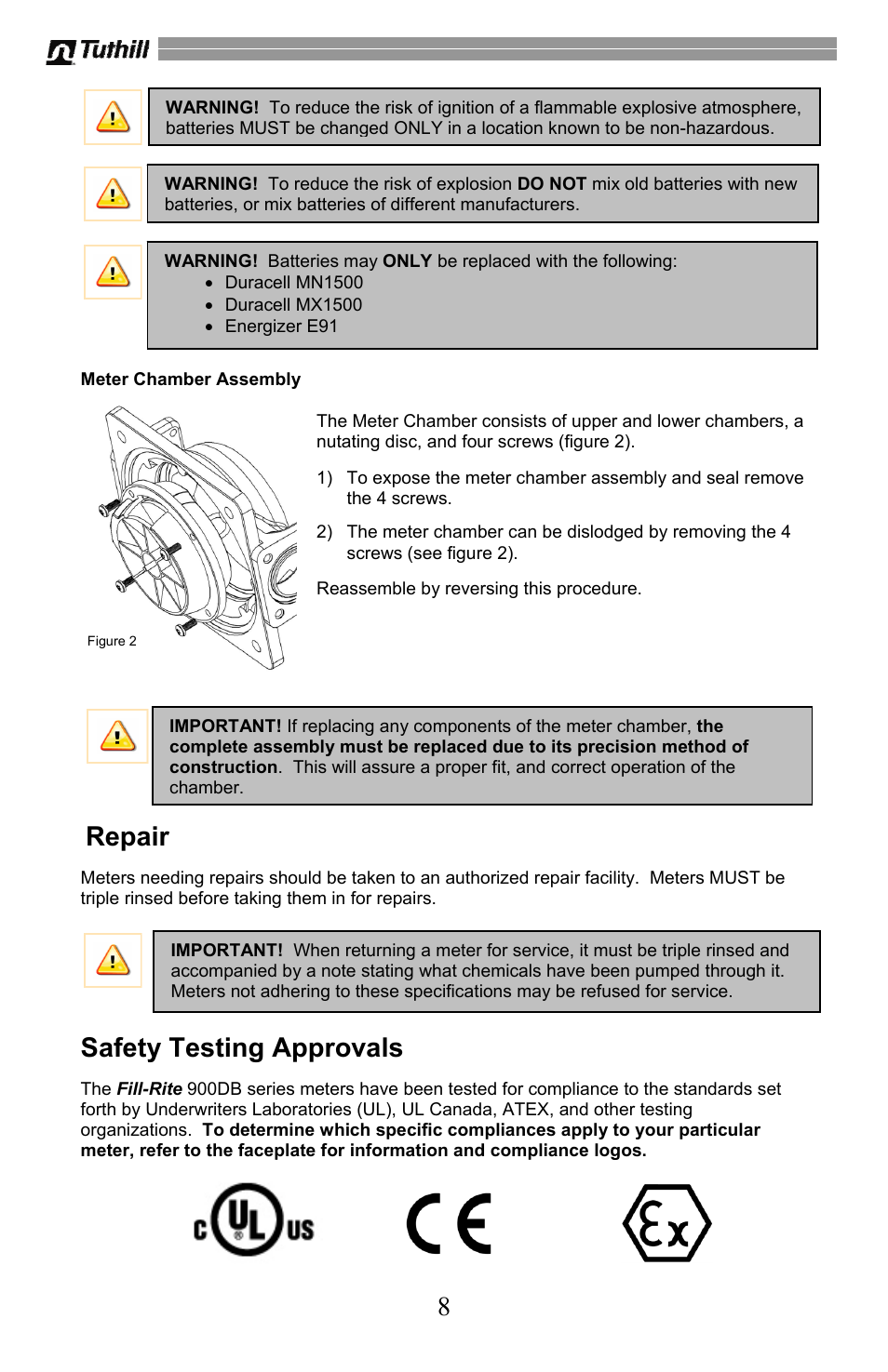 Repair, Safety testing approvals | Fill-Rite 900 Series Digital Liquid Meter User Manual | Page 8 / 48