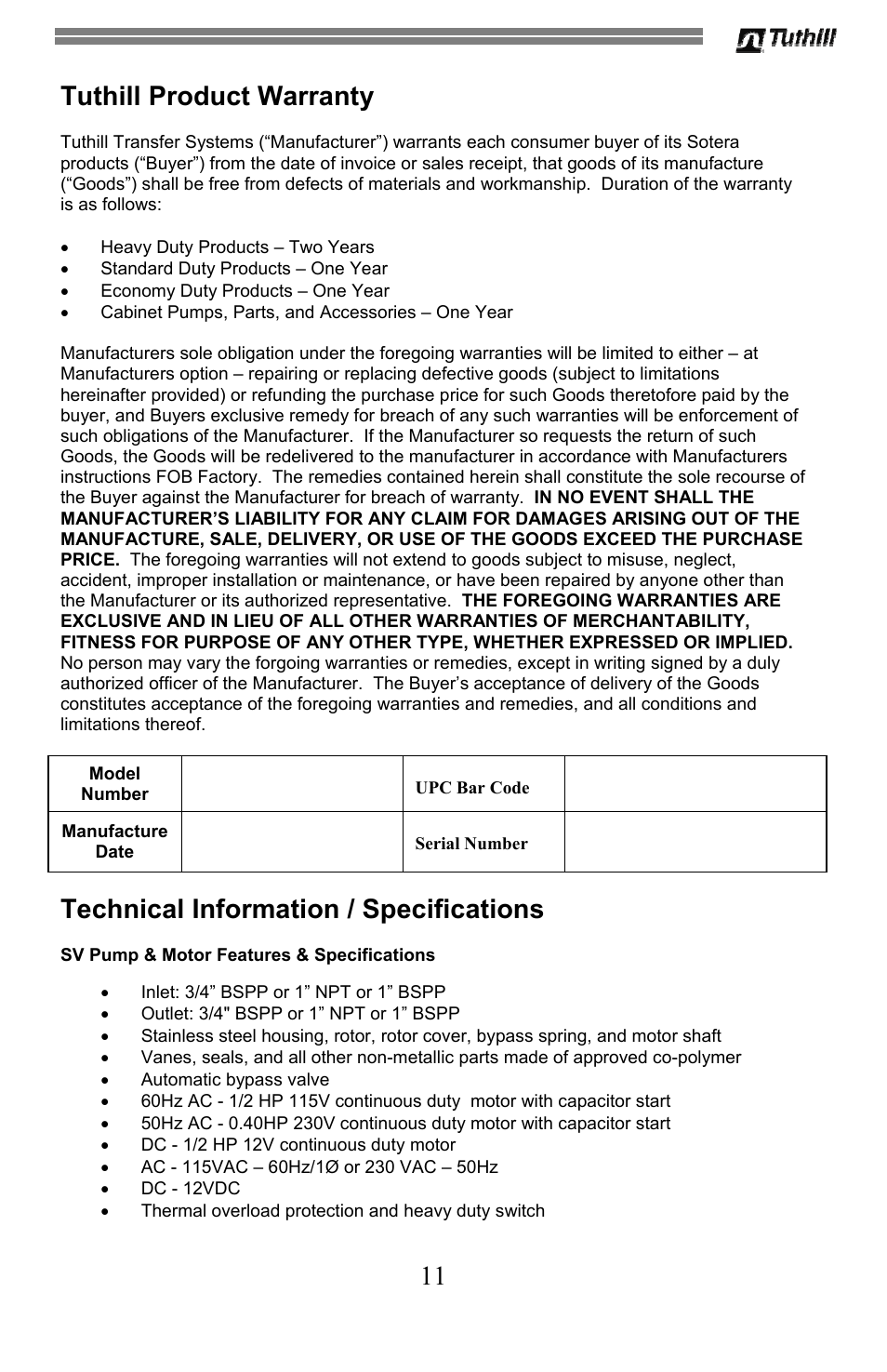 11 tuthill product warranty, Technical information / specifications | Sotera SV Series User Manual | Page 11 / 48