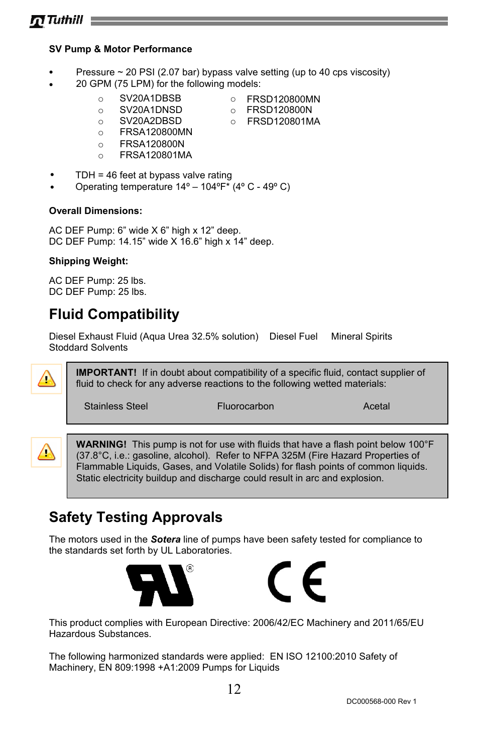 Fluid compatibility, Safety testing approvals | Sotera SV Series User Manual | Page 12 / 48