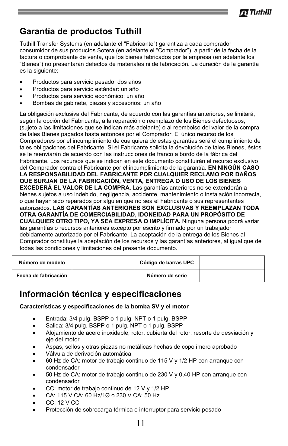 11 garantía de productos tuthill, Información técnica y especificaciones | Sotera SV Series User Manual | Page 23 / 48