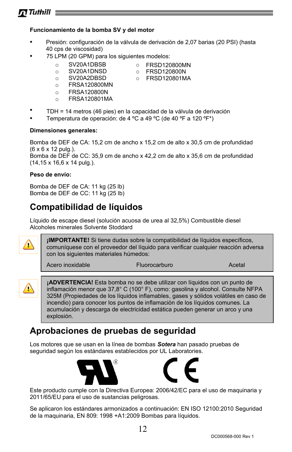 Compatibilidad de líquidos, Aprobaciones de pruebas de seguridad | Sotera SV Series User Manual | Page 24 / 48