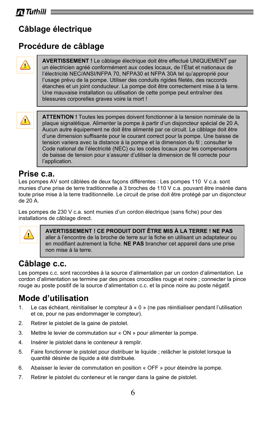 6 câblage électrique, Procédure de câblage, Prise c.a | Câblage c.c, Mode d’utilisation | Sotera SV Series User Manual | Page 30 / 48
