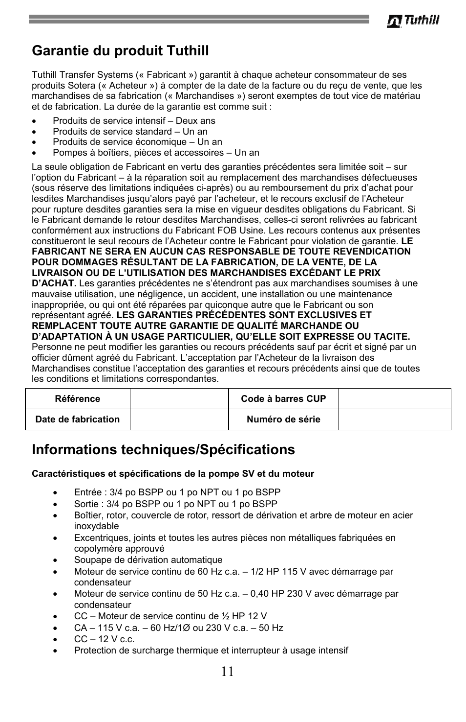 11 garantie du produit tuthill, Informations techniques/spécifications | Sotera SV Series User Manual | Page 35 / 48