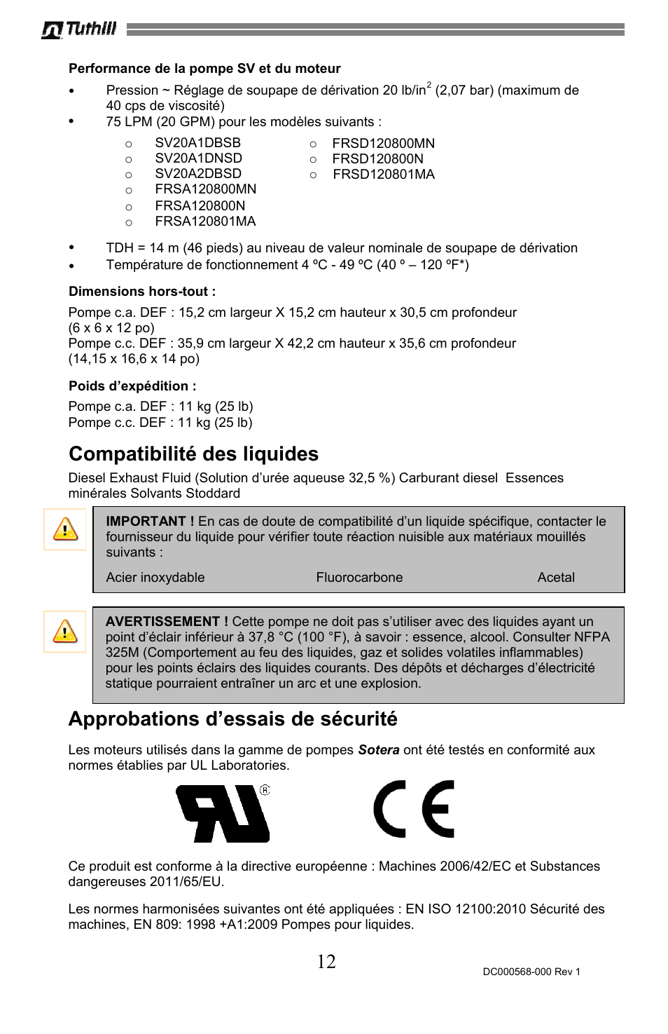 Compatibilité des liquides, Approbations d’essais de sécurité | Sotera SV Series User Manual | Page 36 / 48