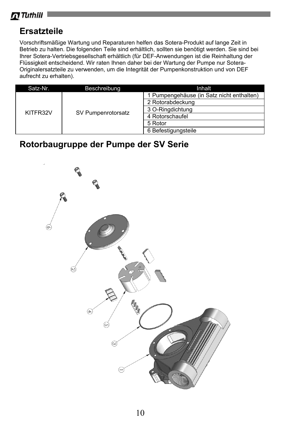 10 ersatzteile, Rotorbaugruppe der pumpe der sv serie | Sotera SV Series User Manual | Page 46 / 48