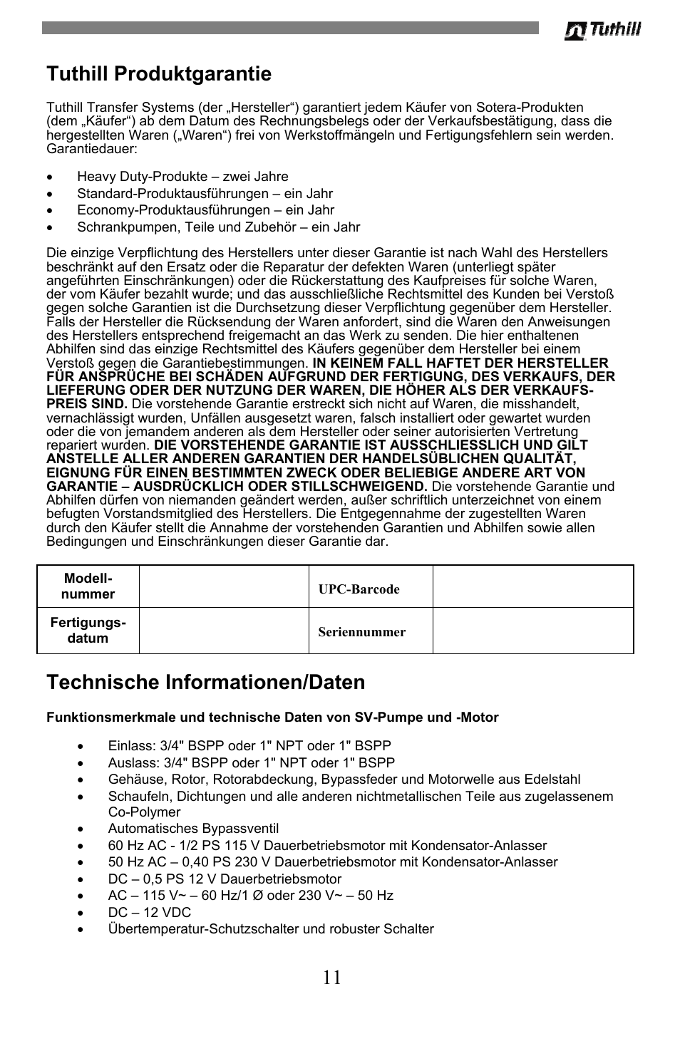 11 tuthill produktgarantie, Technische informationen/daten | Sotera SV Series User Manual | Page 47 / 48