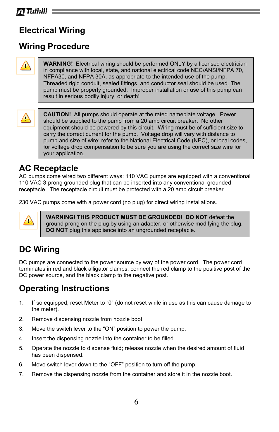 6 electrical wiring, Wiring procedure, Ac receptacle | Dc wiring, Operating instructions | Sotera SV Series User Manual | Page 6 / 48