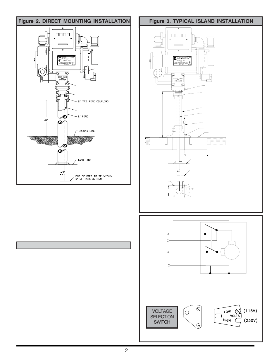 Figure 2. direct mounting installation, Warning, Electrical installation instructions | Figure 3. typical island installation, Figure 4. wire diagram, Voltage selection switch | Fill-Rite BD310 Series Fuel Transfer Pump User Manual | Page 2 / 4