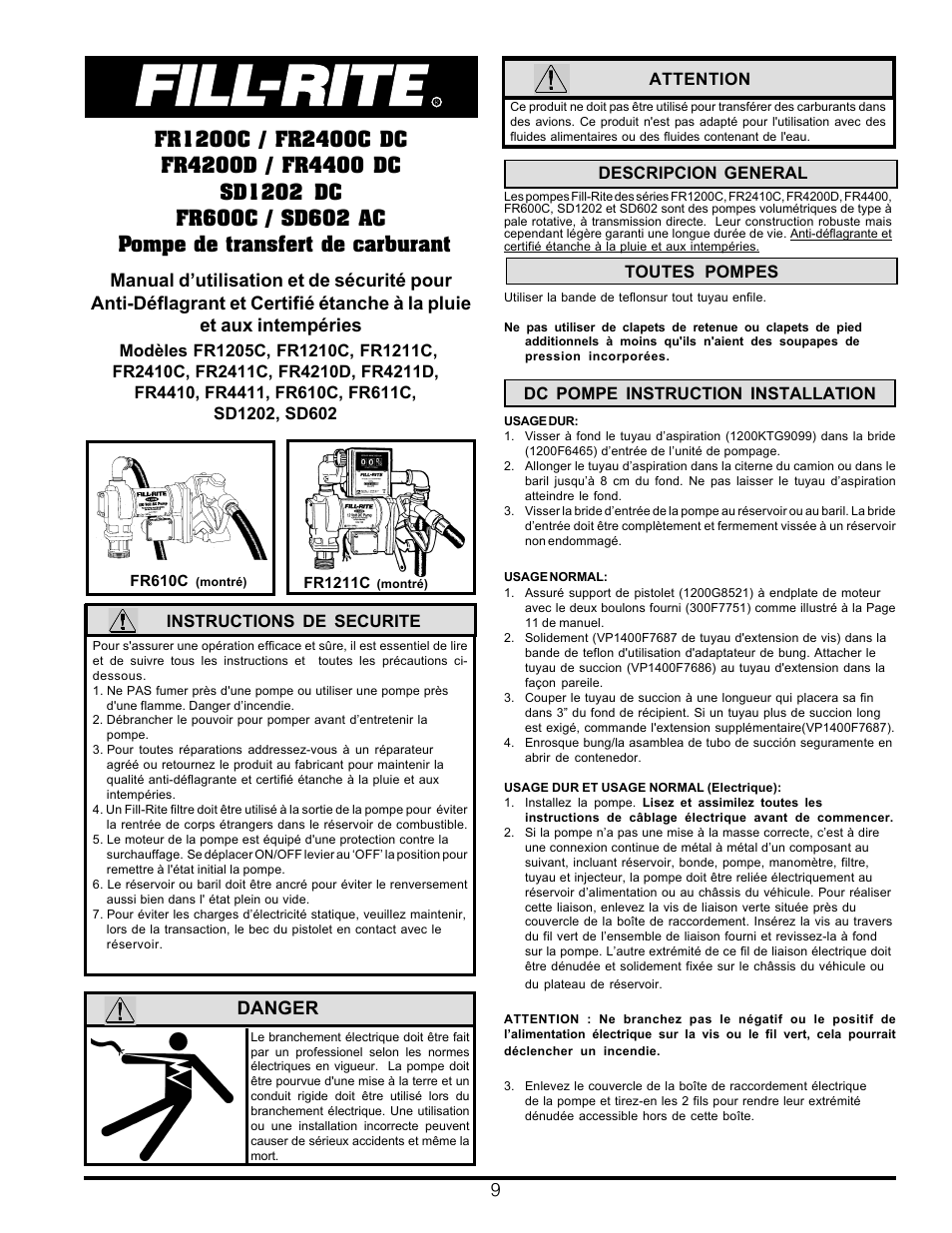 Danger, Attention, Instructions de securite | Descripcion general, Dc pompe instruction installation, Toutes pompes | Fill-Rite SD1202 DC_FR600C_SD602 AC Fuel Transfer Pump User Manual | Page 9 / 12