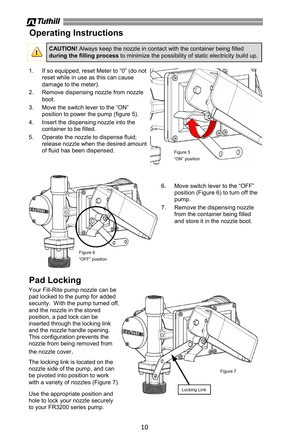 Operating instructions, Pad locking | Fill-Rite 3200 Series High Flow DC Pump User Manual | Page 10 / 16