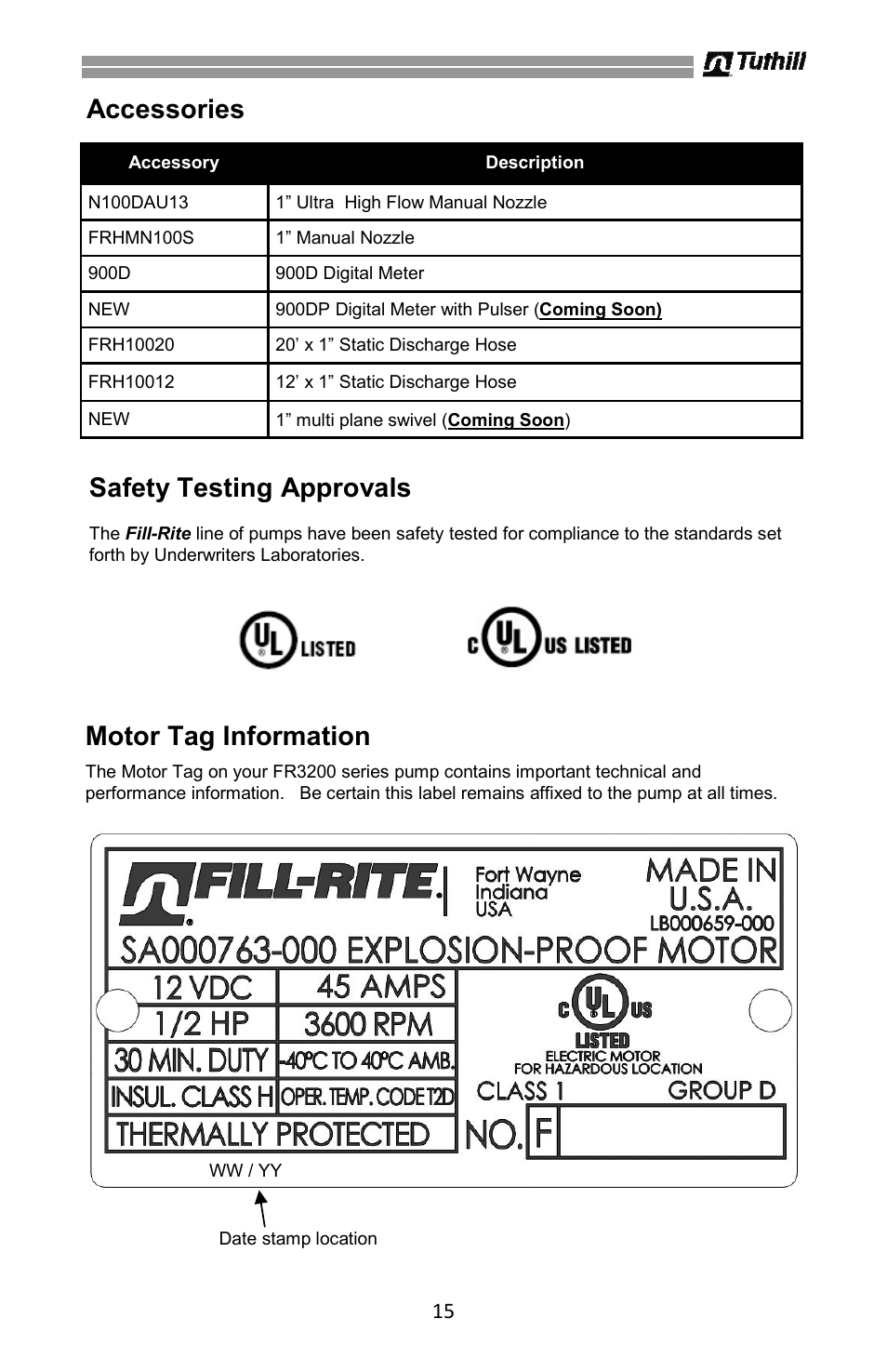 Safety testing approvals, Motor tag information, Accessories | Fill-Rite 3200 Series High Flow DC Pump User Manual | Page 15 / 16