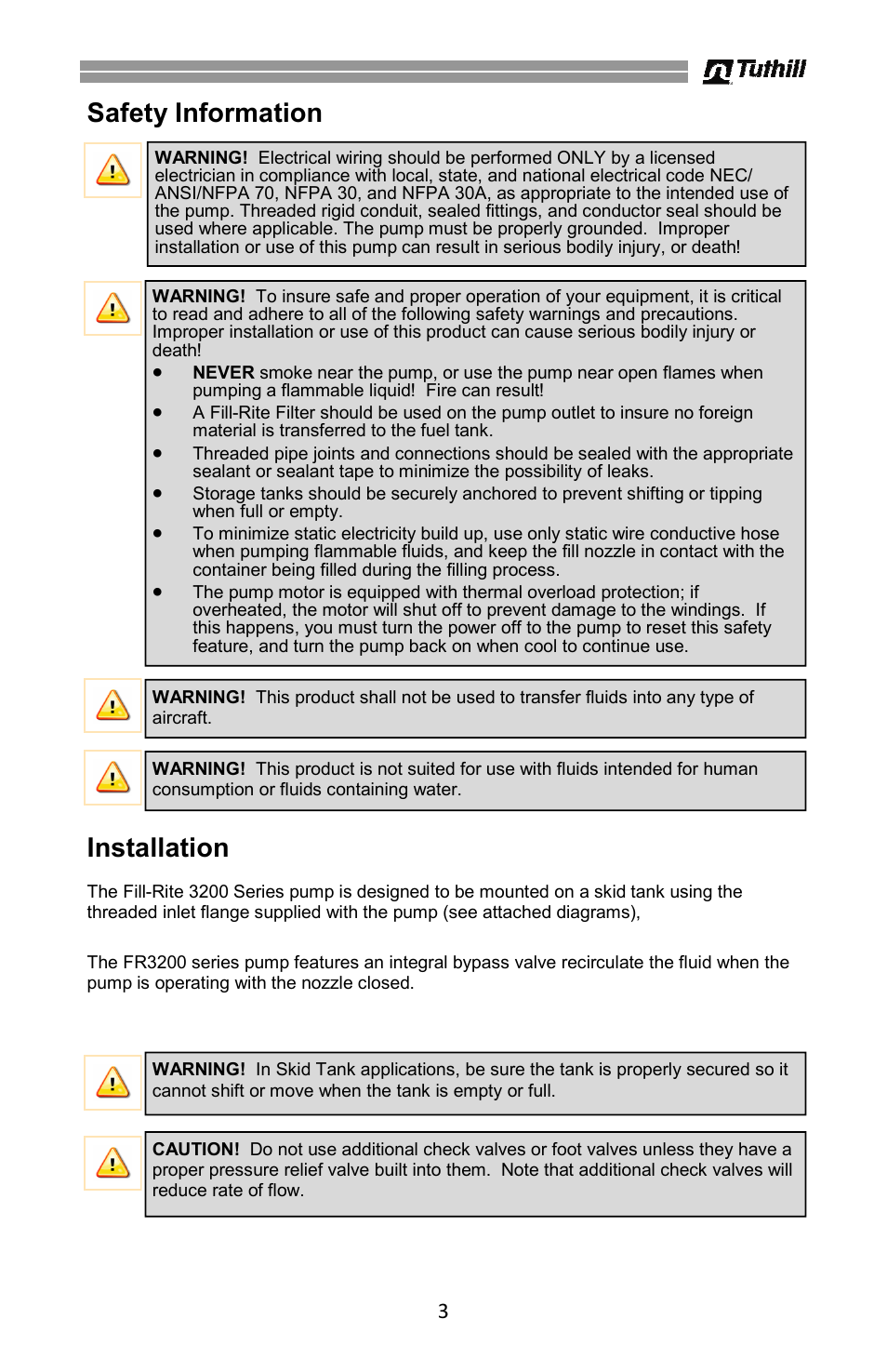 Safety information, Installation | Fill-Rite 3200 Series High Flow DC Pump User Manual | Page 3 / 16