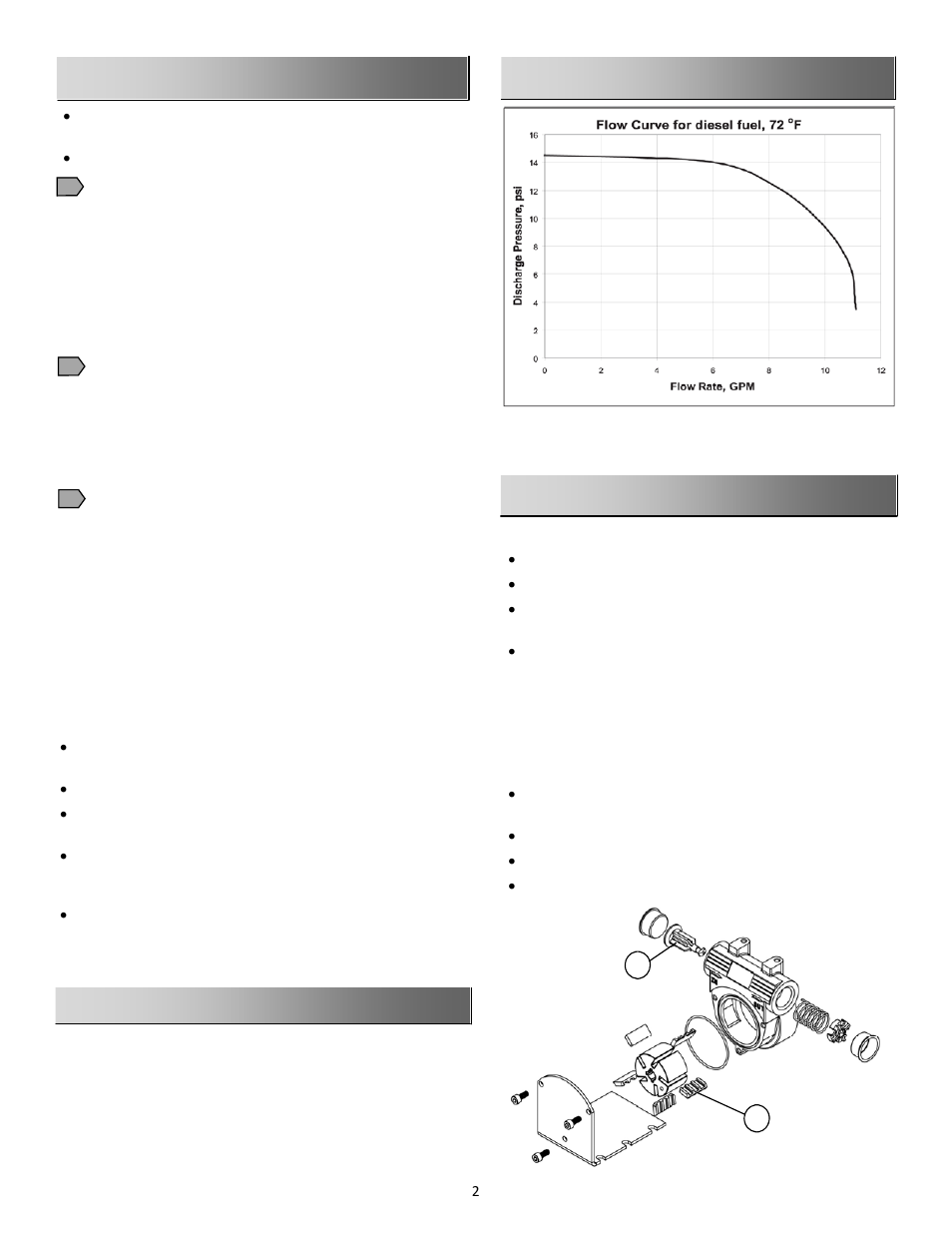 Mechanical installation instructions, Pump characteristics, Operating instructions | Troubleshooting | Fill-Rite FR1616 Series Pump User Manual | Page 2 / 4