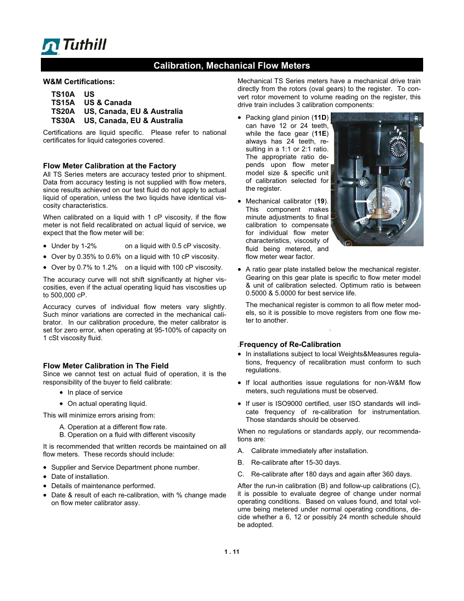 Calibration, mechanical flow meters | Fill-Rite TS AA Mechanical Precision Meter User Manual | Page 11 / 20