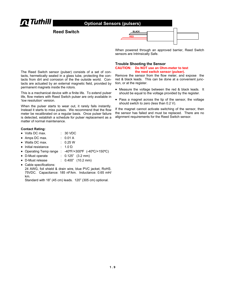 Reed switch, Optional sensors (pulsers) | Fill-Rite TM Series Precision Meter User Manual | Page 9 / 24